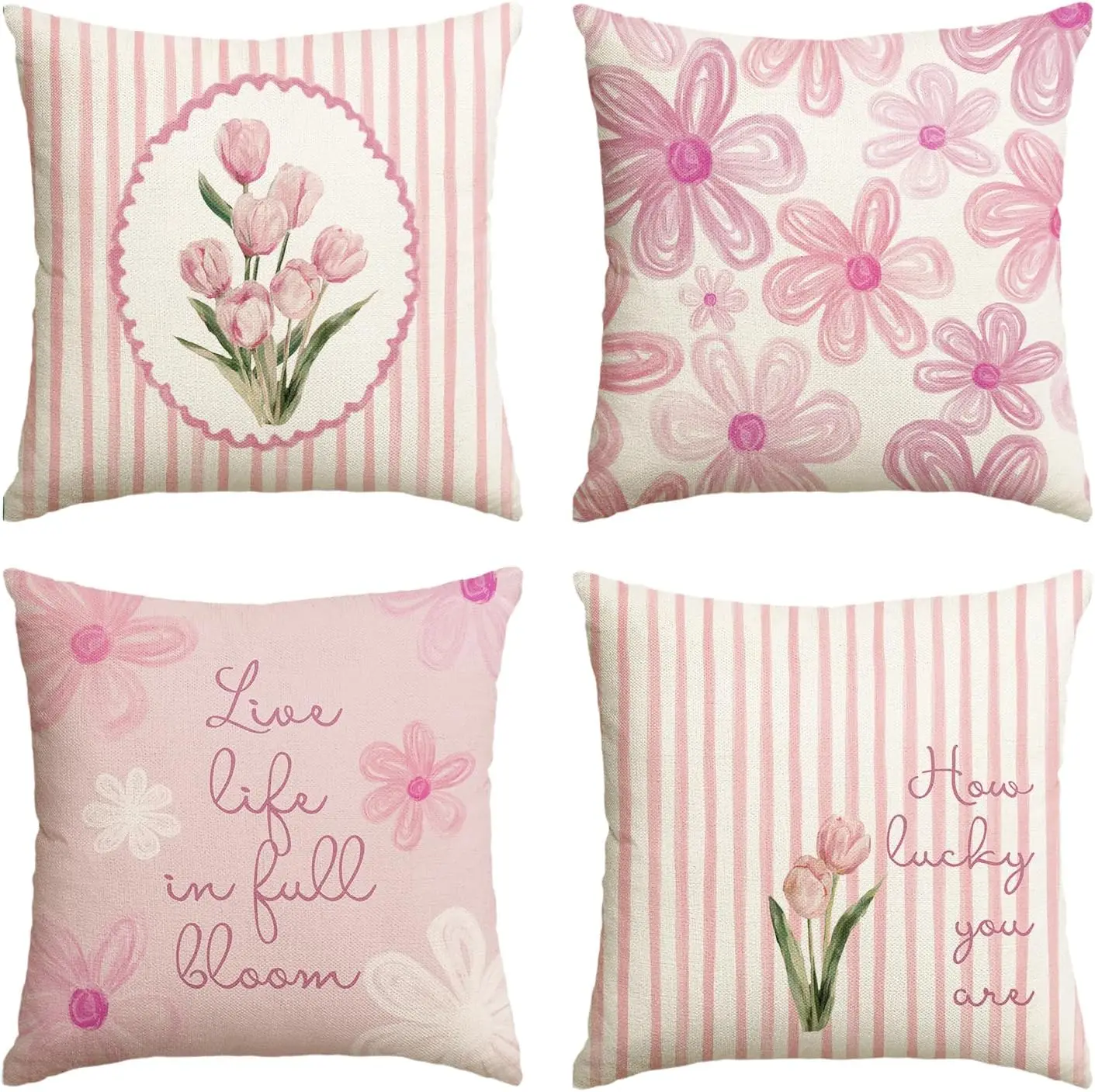 

4Pcs Pink Floral Tulip Throw Pillow Covers "Live Life in Full Bloom" Cushion Cases for Living Room Bedroom Sofa Home Ornament