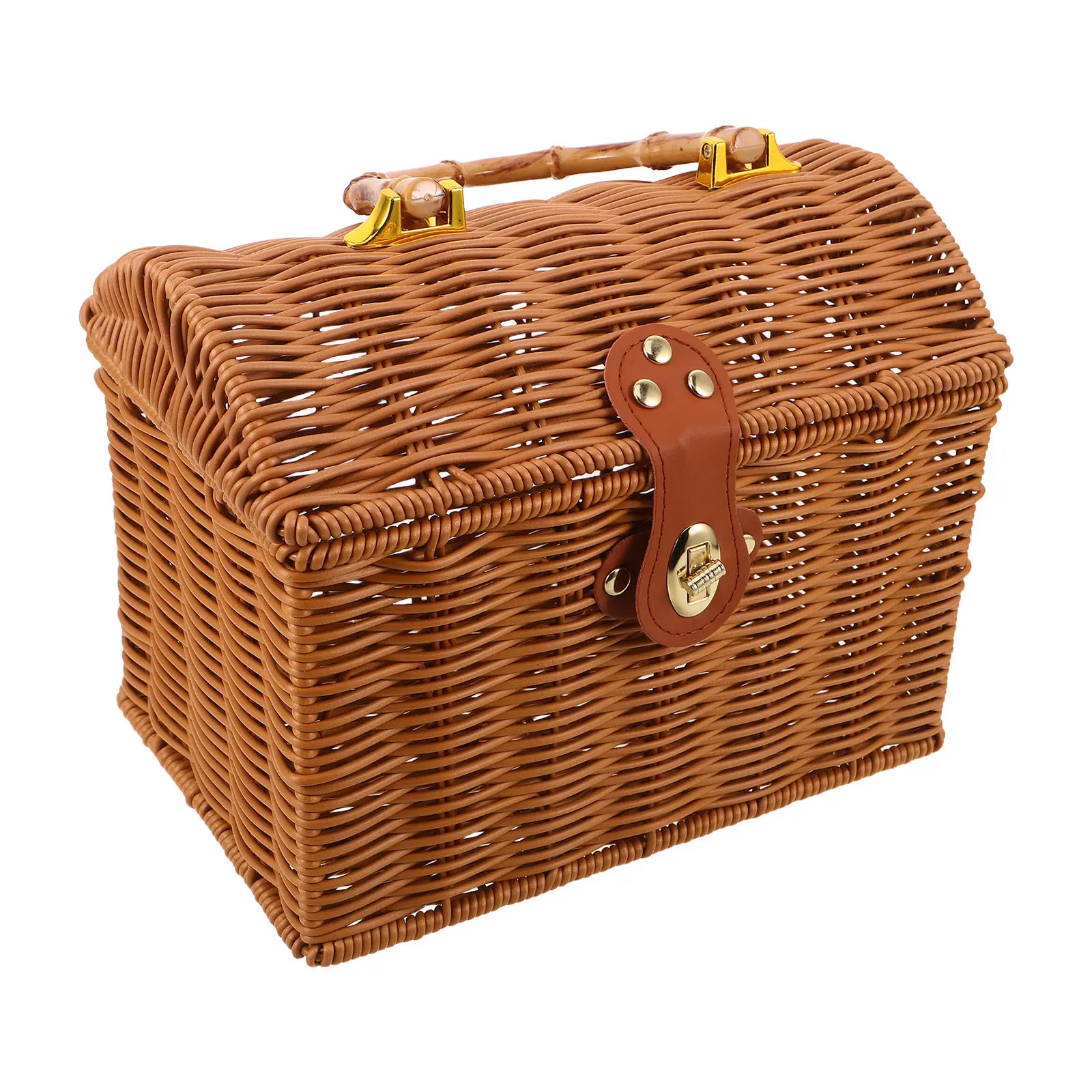 

Imitation Rattan Mahjong Storage Case Portable Mahjong Basket Handle Lock Lid Decorative Lidded Picnic Basket Travel Organizer