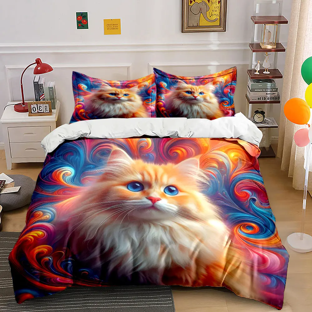 Fluffy cat with vibrant swirls Duvet Cover Set with 3D Printing Design Soft Polyester Bedding Set All-Season Comfort