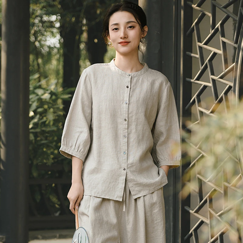 

100% Linen Women Casual Shirt New Arrival 2026 Summer Vintage Style Stand Collar Solid Color Loose Female Tops Shirts M2680