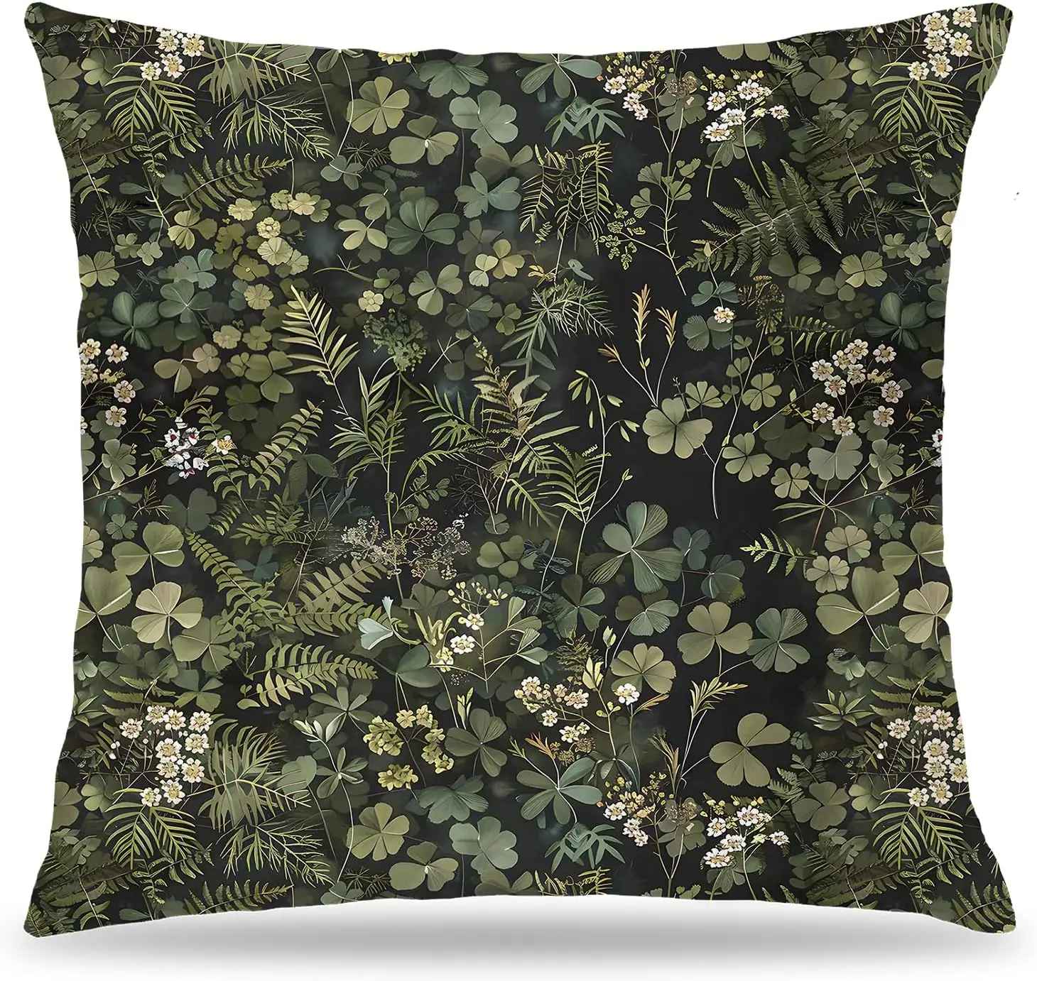 Dark Green Botanical Pillow Covers 18x18 Double-Sided, Plant Room Decor, Vintage Rustic Cottagecore Forest Fern Leaves and Wildf