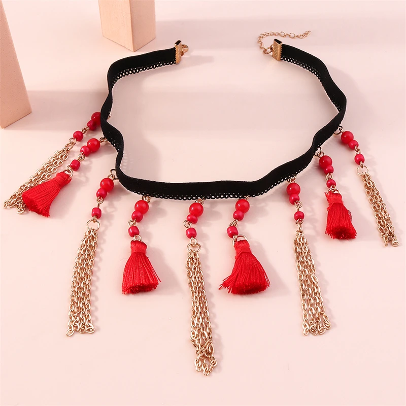 

Fashion Red Black Velvet Necklace for Women Boho Sexy Tassel Lace Choker Necklace Girls Party Festival Jewelry Gifts