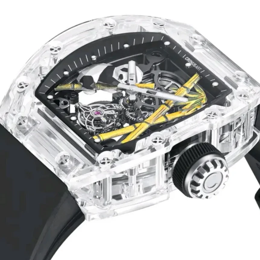 كرونوسارت الرجال توربيون ساعة 50 مللي متر * 42 مللي متر تونيو الميكانيكية ساعة اليد الياقوت حالة الباندا الهيكل العظمي الهاتفي فلوروروبر حزام