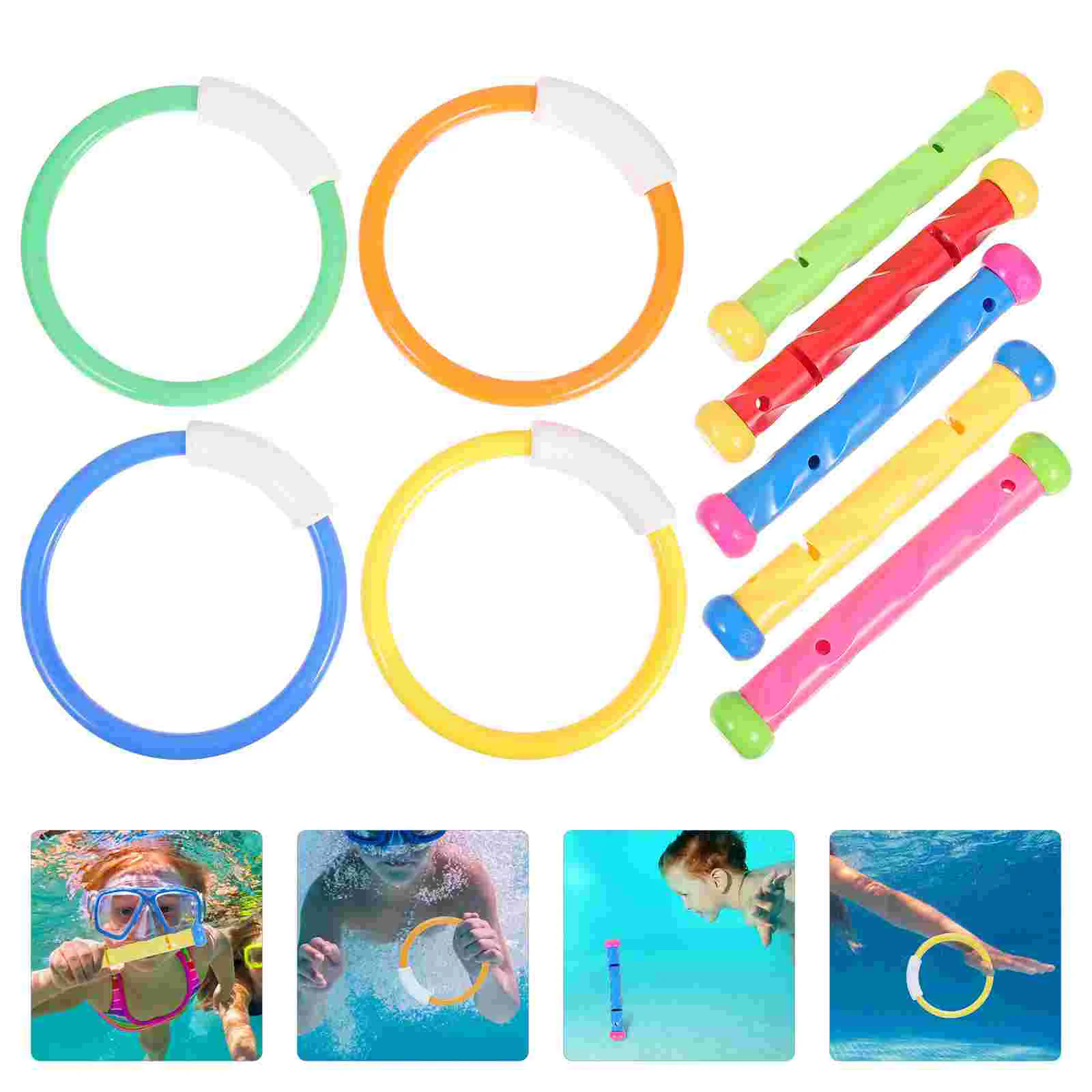 

9 Pcs Diving Play Set Swimming Pool Toys Rings for Kids Dive Sticks Ages 4-8 Plastic Party The