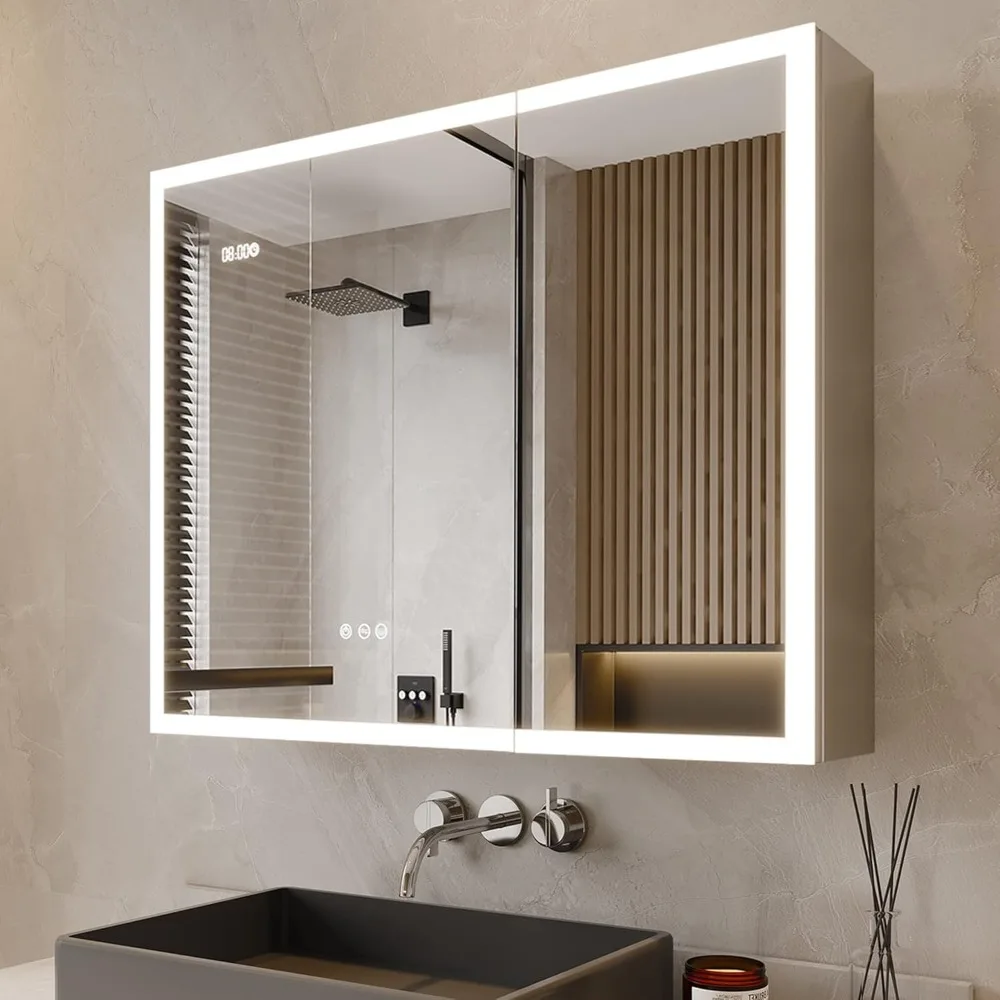 Lighted bathroom Cabinet with Mirror, 2 Door Bathroom Mirror Cabinet with 2 Outlets & USB Ports, Defogger, Dimmer,Clock & Temp