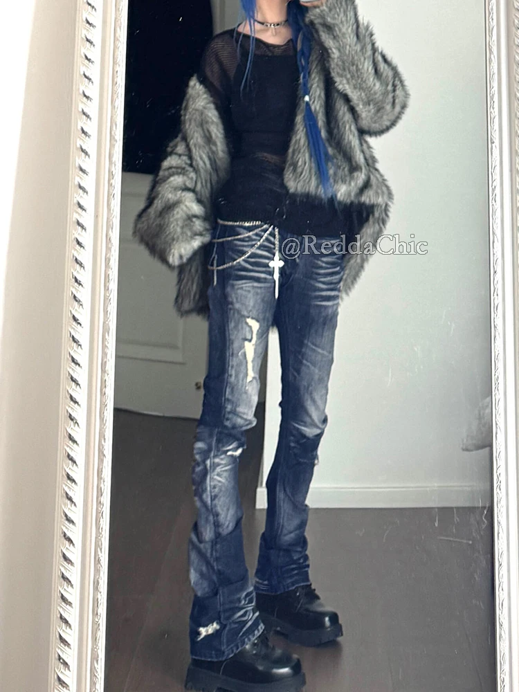 ReddaChic Women Stacked Ripped Jeans Retro Gyaru Vintage Wash Barrel Stretch Tight Low Rise Denim Pants Harajuku Y2K Streetwear