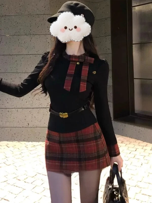 

Уникальный красивый зимний модный женский комплект из двух предметов: топ с клетчатыми вставками и юбка с эффектом похудения, повседневный стиль