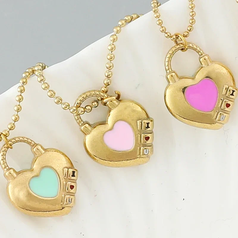 

Cute Colorful Dripping Oil Heart Pendant Stainless Steel Necklace for Women Boho Stunning Trendy Charm Necklace Summer Jewelry