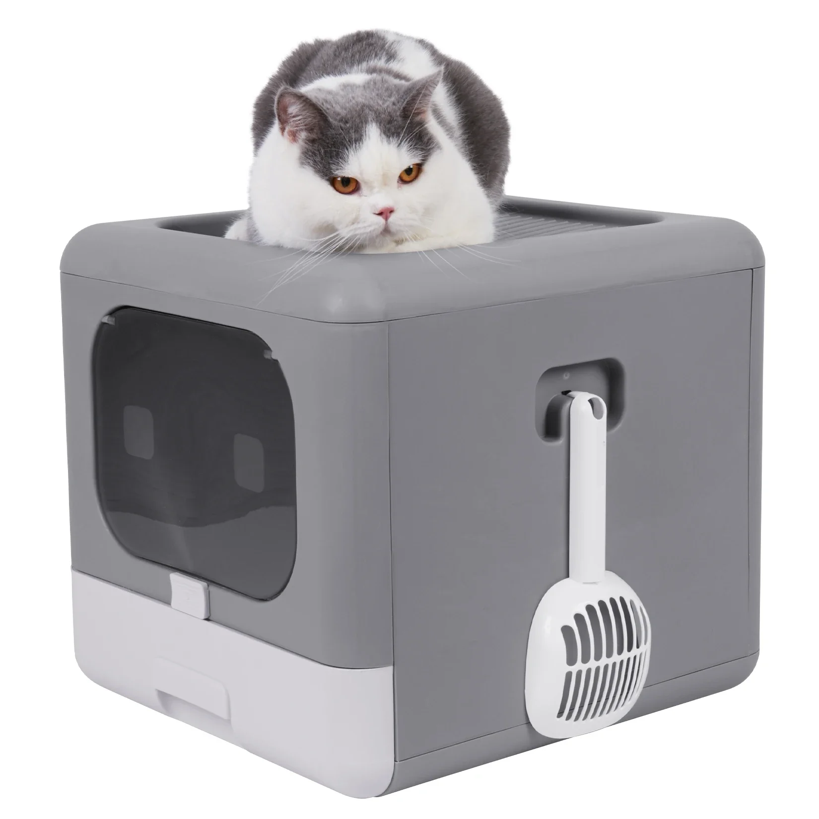 

Cat Litter Box Foldable Top Entry Litter Box with Cat Litter Scoop Drawer for Medium and Large Cats