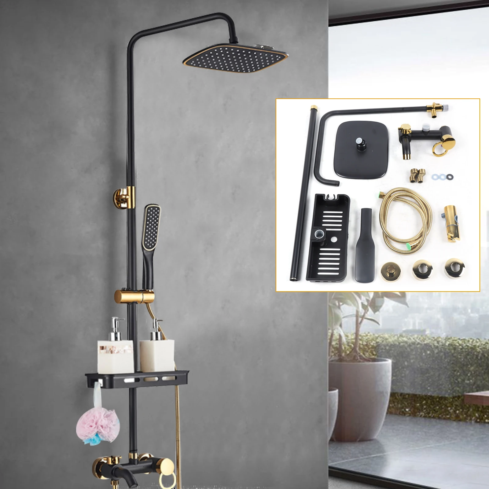 ชุดฝักบัวทองเหลืองสีดำทอง ขนาด 20x26 ซม. ปรับระดับน้ำได้สามระดับ คอลัมน์อาบน้ำสองสี