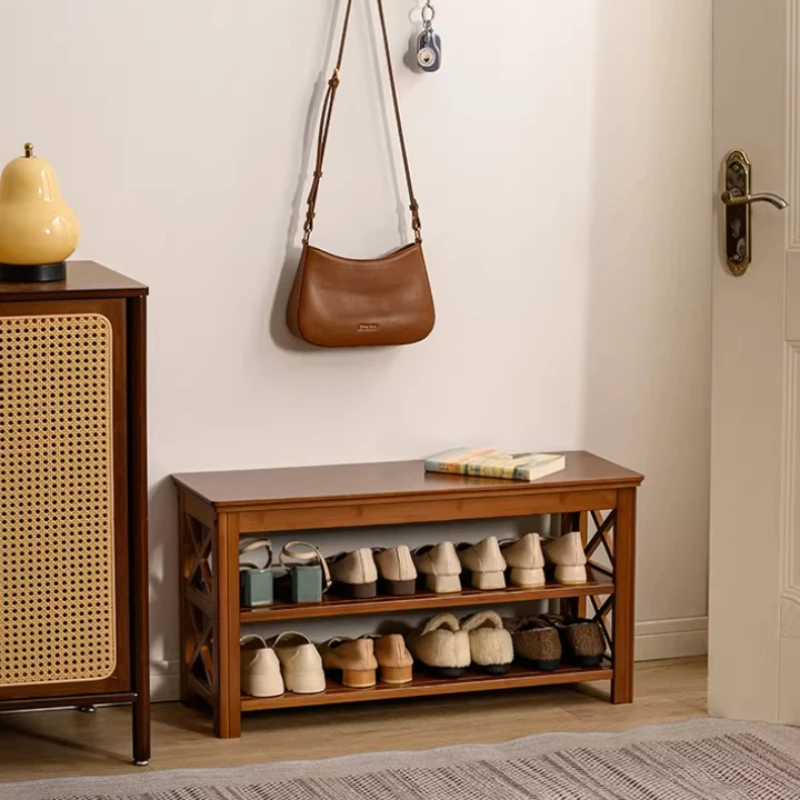 Bamboo Entryway Shoe Bench Space Saving Hall Shoes Organizer Multifunctional Shoe Rack Cabinet Double