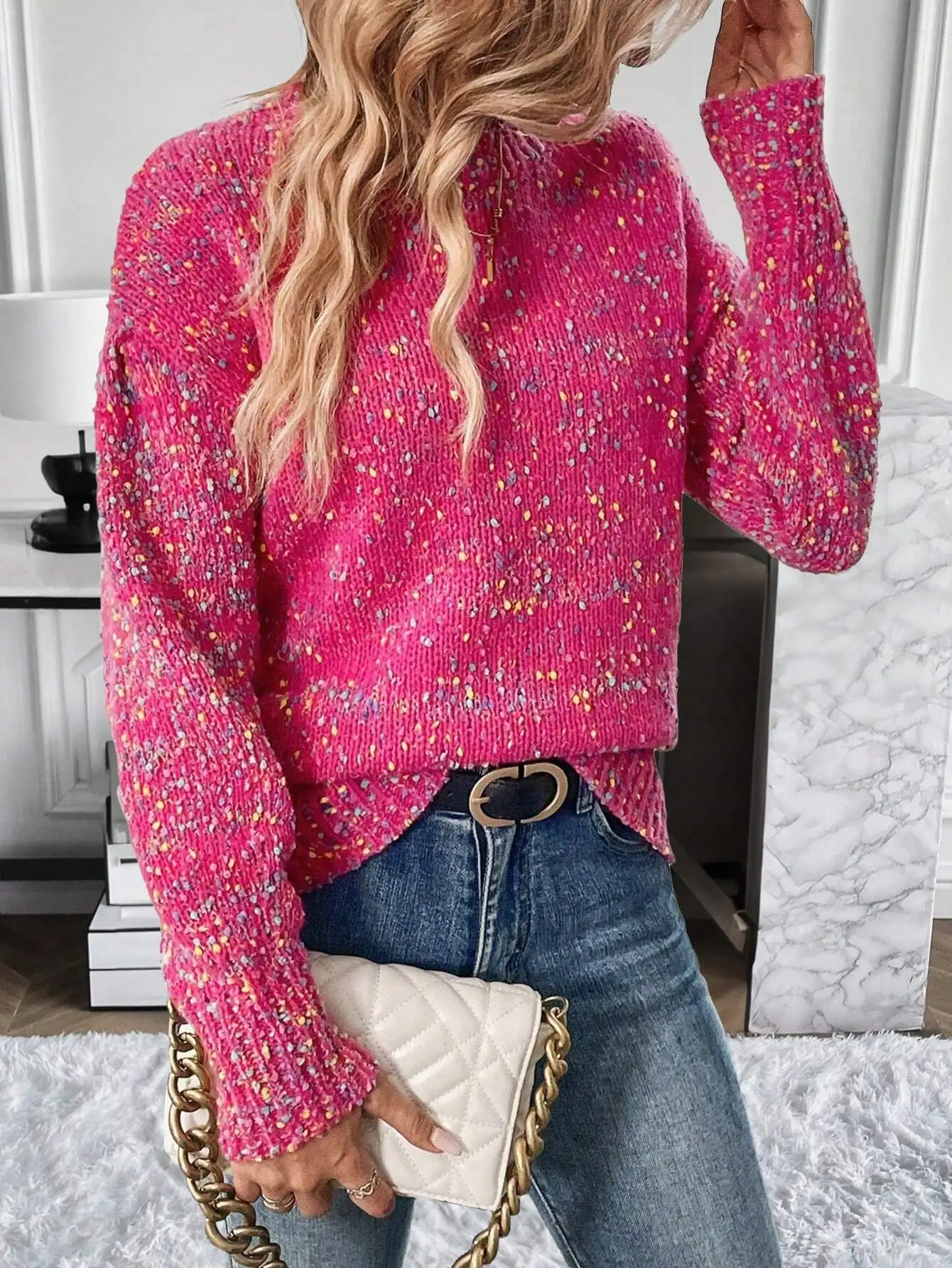 

Loose Fit Colorful Confetti Knit Pullover Sweater with Drop Shoulder