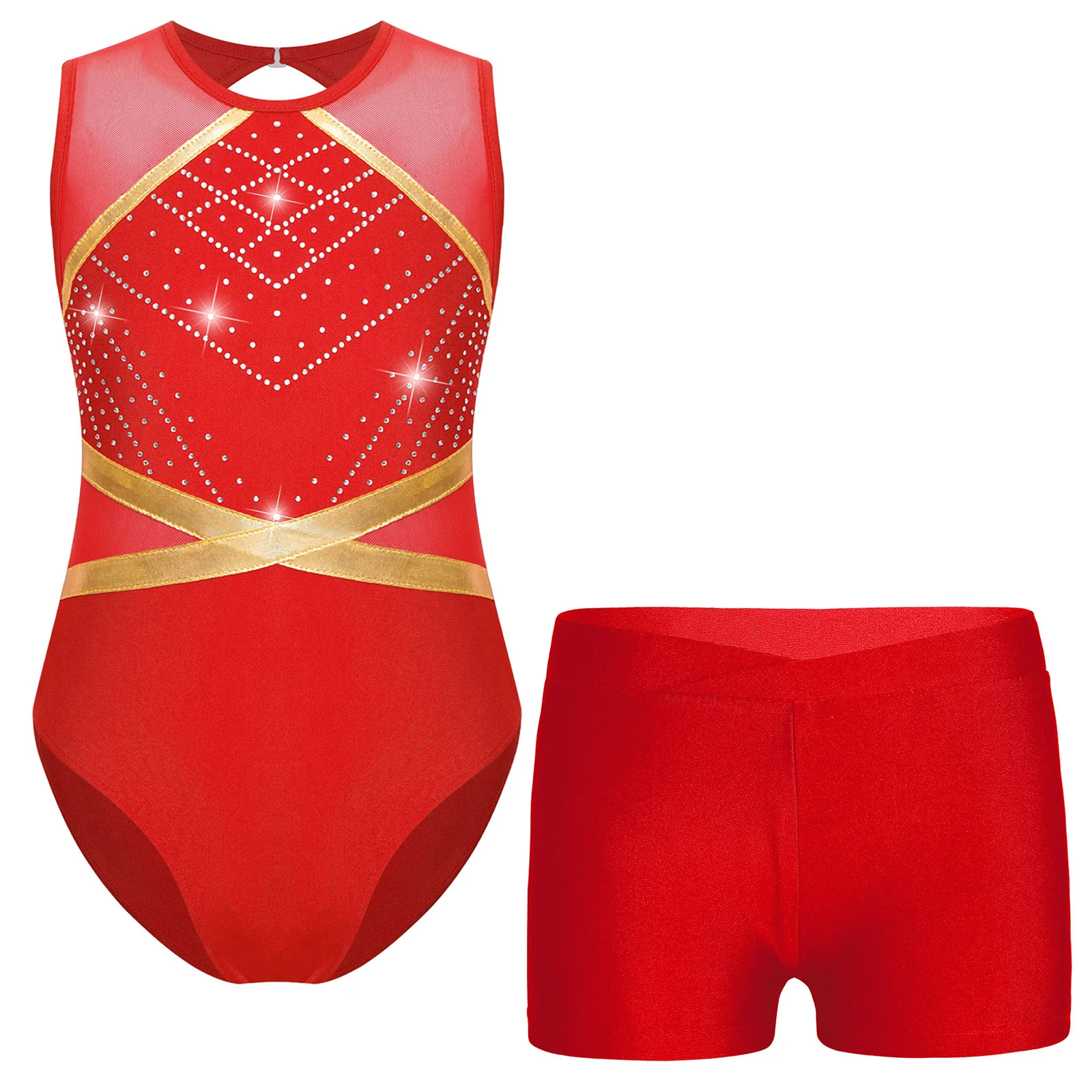 Kinderen meisjes ritmische gymnastiek ballet jersey kunstschaatsen kostuum glittery strass dans turnpakje bodysuit met shorts