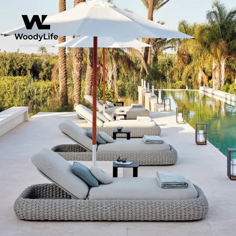 Modern Leisure Outdoor Garden Furniture Aluminum Woven Rope Chaise Lounge Chair for Beach Side Swimming Pool Bed Sun Lounger