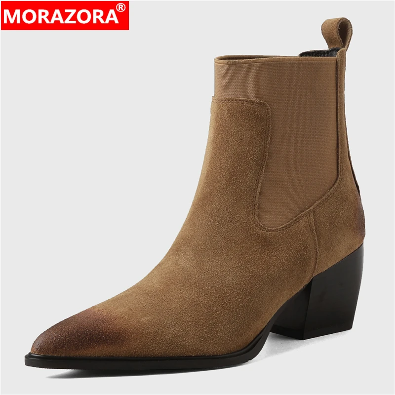 

Женские ботильоны из коровьей замши MORAZORA, Черные ботильоны из коровьей замши, стрейчевые, в западном стиле, новинка осенне-зимнего сезона 2025