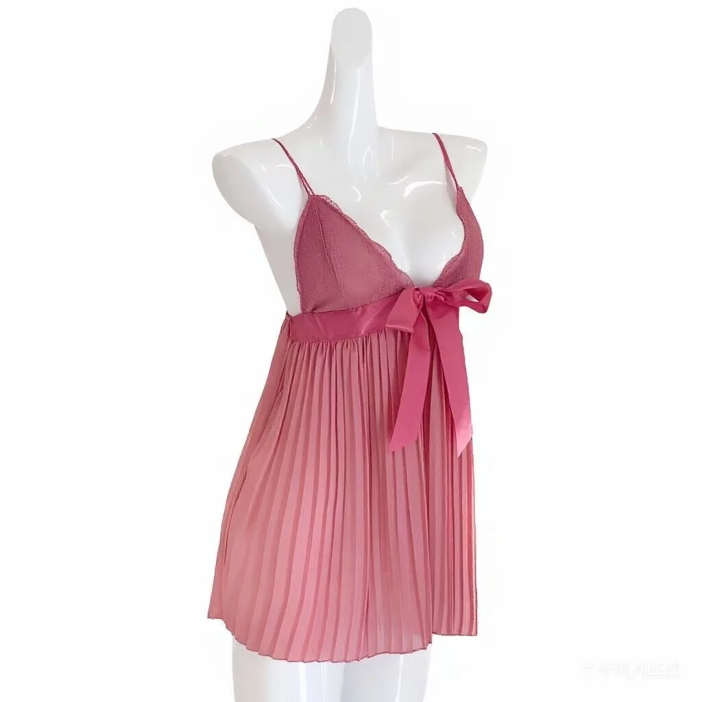 

French-style Sexy Nightgown New Pure Desire Deep V Sweet Bow Pleated Strap Dress Home Wear Pajamas Bowknot Dress For Women SRW6