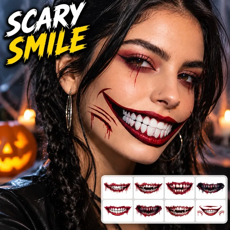 Halloween Terrifying Oversize Mouth Decal Waterproof Facial Transfer European Fright Cosmetic Sticker Masquerade DIY Lip