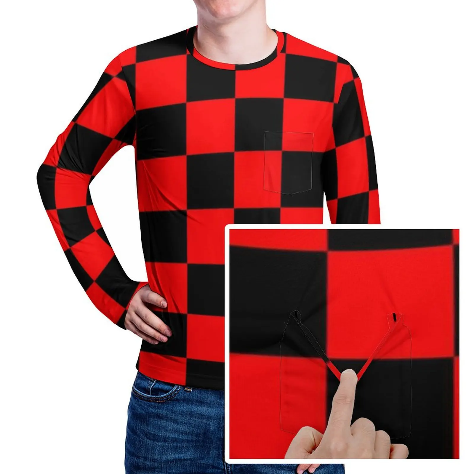 Black And Red Two Tone T Shirt With Pocket Checkboard Trendy T-Shirts Men Basic Tee Shirt Long Sleeve Custom Clothes Large Size