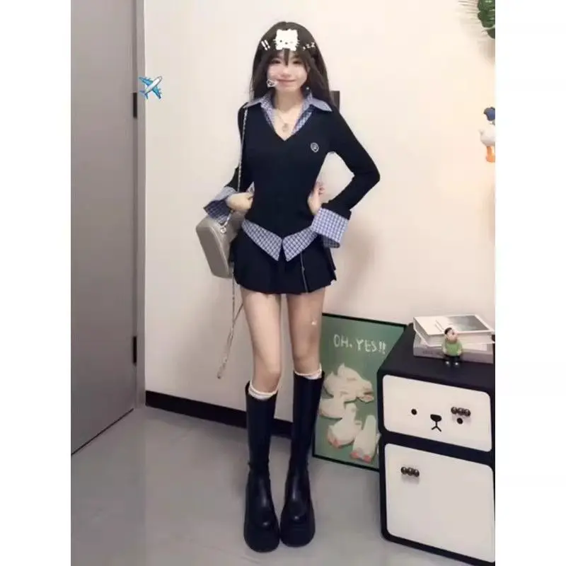 Chic ature College Sle Conjunto de dos piezas dulce y picante Conjunto de top y falda plisada orm Ne de la escuela coreana