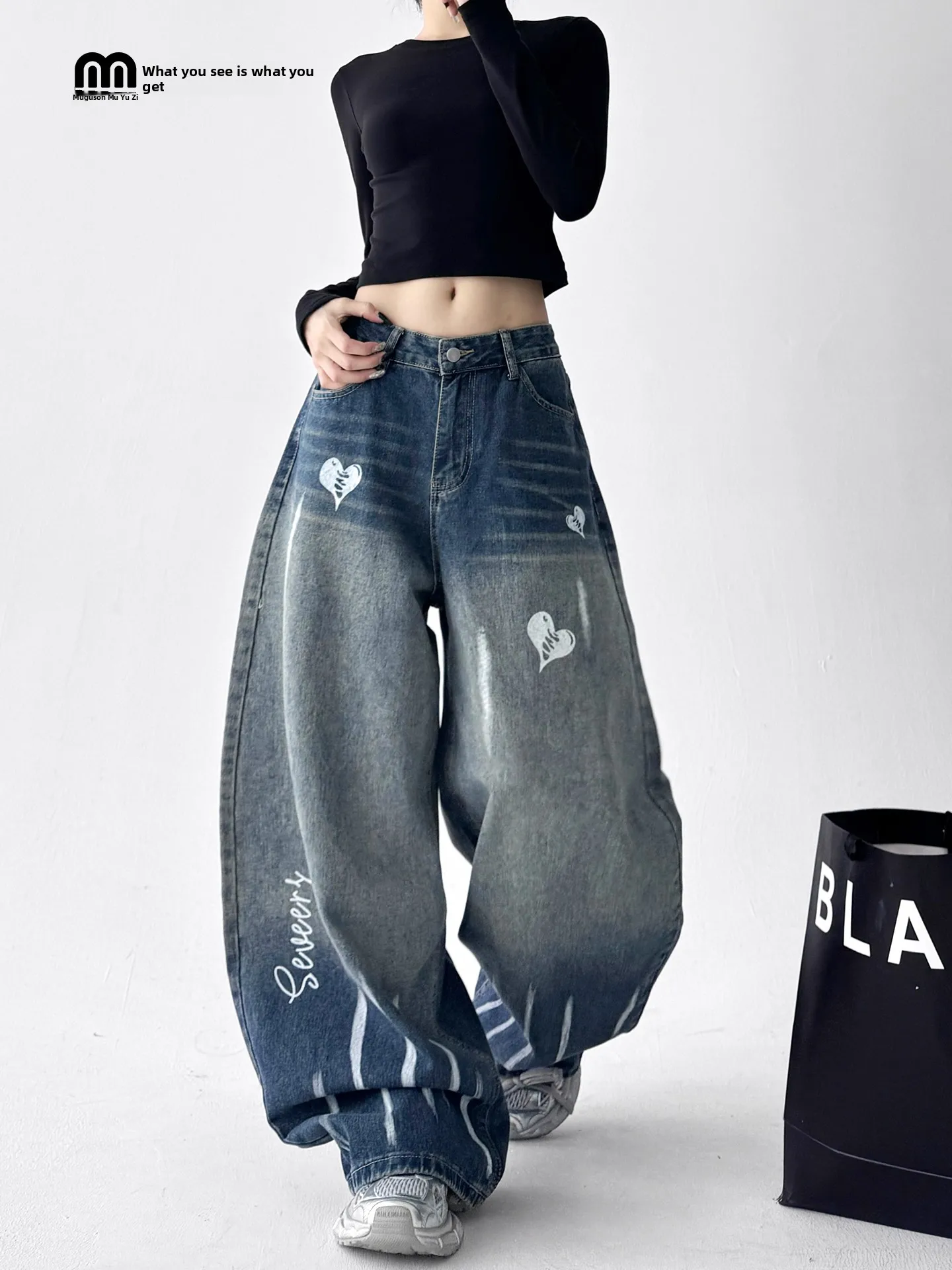 

Синие джинсовые брюки в стиле ретро для женщин, на раннюю осень, с высокой талией, утягивающие, очень популярные, широкие, повседневные, весенне-осенние, свободного кроя.