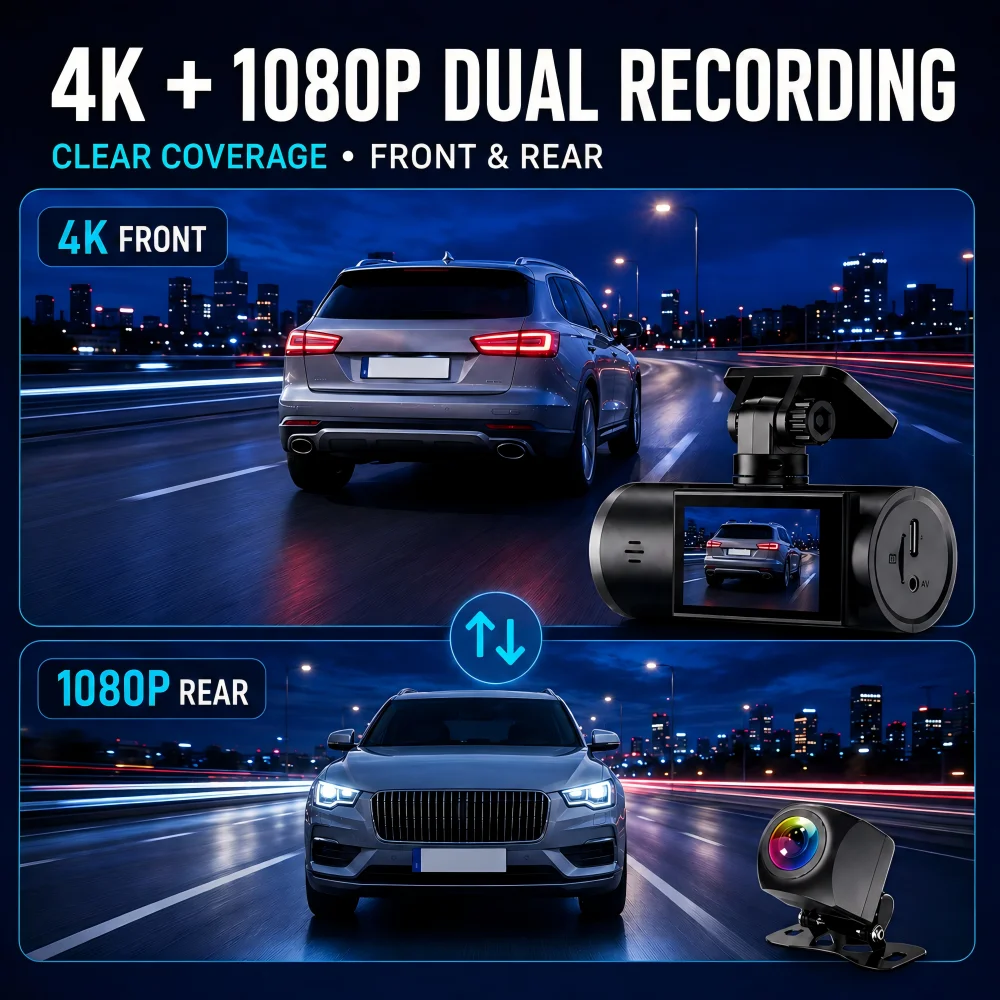 Cámara para Auto AUBERON 4K con Doble Lente, 4K Frontal + 1080P Trasera, WiFi, Visión Nocturna, Sensor G, Grabación en Bucle, DVR para Vehículos