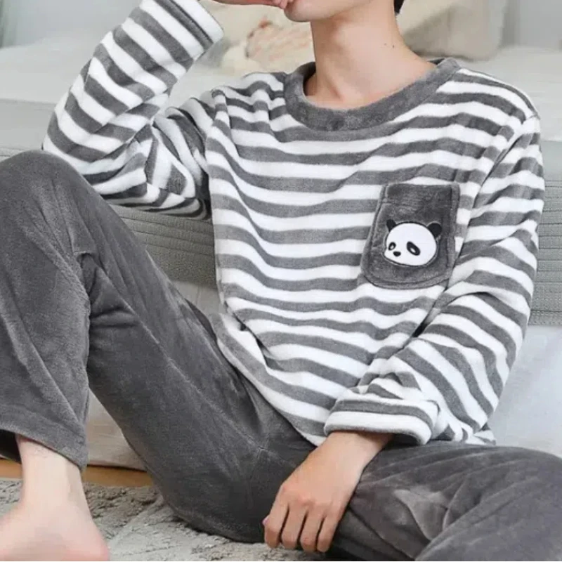 Korean Cartoon Kawaii Cute Bear Print Pajamas Set Men Crew Neck Striped Design Casual Homewear Autumn Winter Cotton Sleepwear