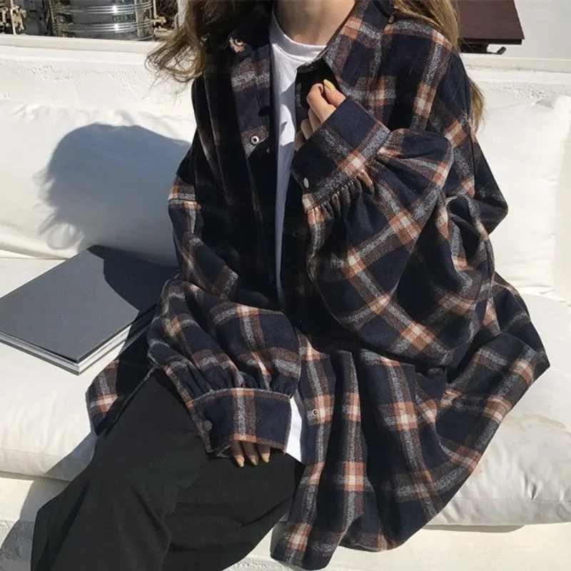 QWEEK Oversized Plaid Shirt Women Vintage Korean Fashion Casual Latern Sleeve Streetwear Button Up Blouses Youth Autumn Clothes