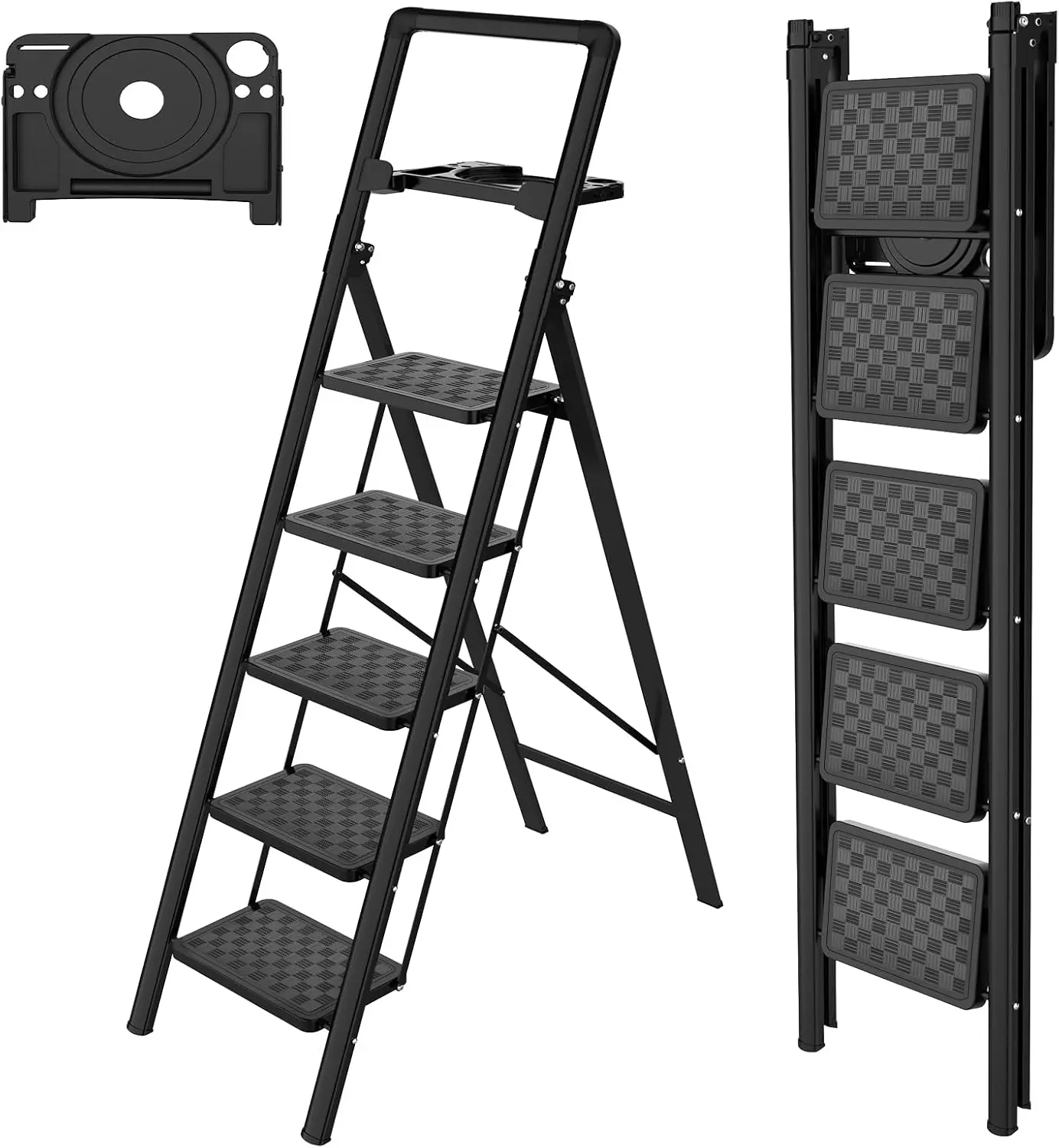 

5 Step Ladder, Folding Step Stool, Portable Sturdy Steel for Adults with Wide Pedals Home Outdoor Kitchen, Black