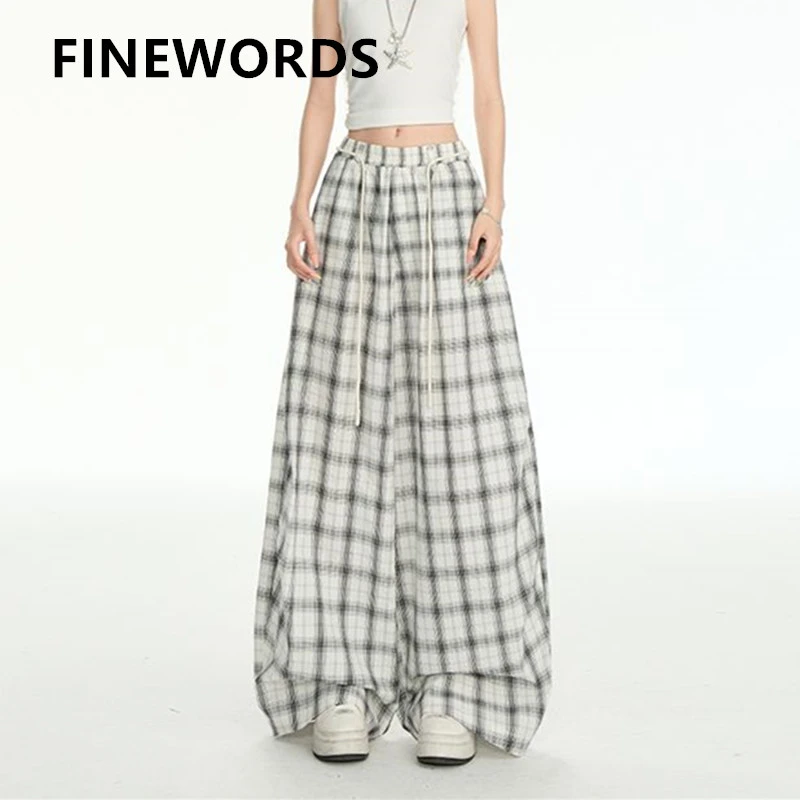 

FINEWORDS Vintage Casual High Waist Plaid Pants Women Korean Casual Wide Leg Pants Streetwear Easymatch Full Length Baggy Pants