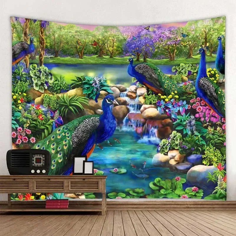 Jungle Bird Art Tapestry Psychedelic Scene Home Decor Art Wall Hanging Hippie Boho Aesthetic Room Decor Home Wall Decor Yoga Mat