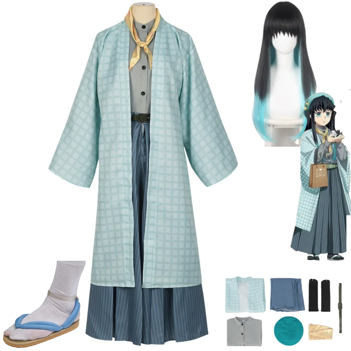 

Anime Tokitou Muichirou Cosplay Costume Blue Cloak Coat Kimono Shirt Full Set Wig Clogs Hat Man Woman Masked Ball Suit