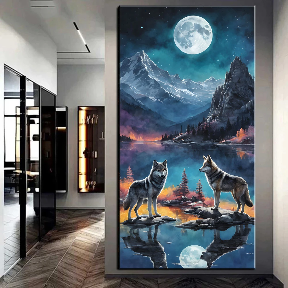 Diy 5D Diamond Painting Art Moon Mountain Wolf Howling Full Round Square Embroidery Mosaic Cross Stitch 100x200cm To Choose Art