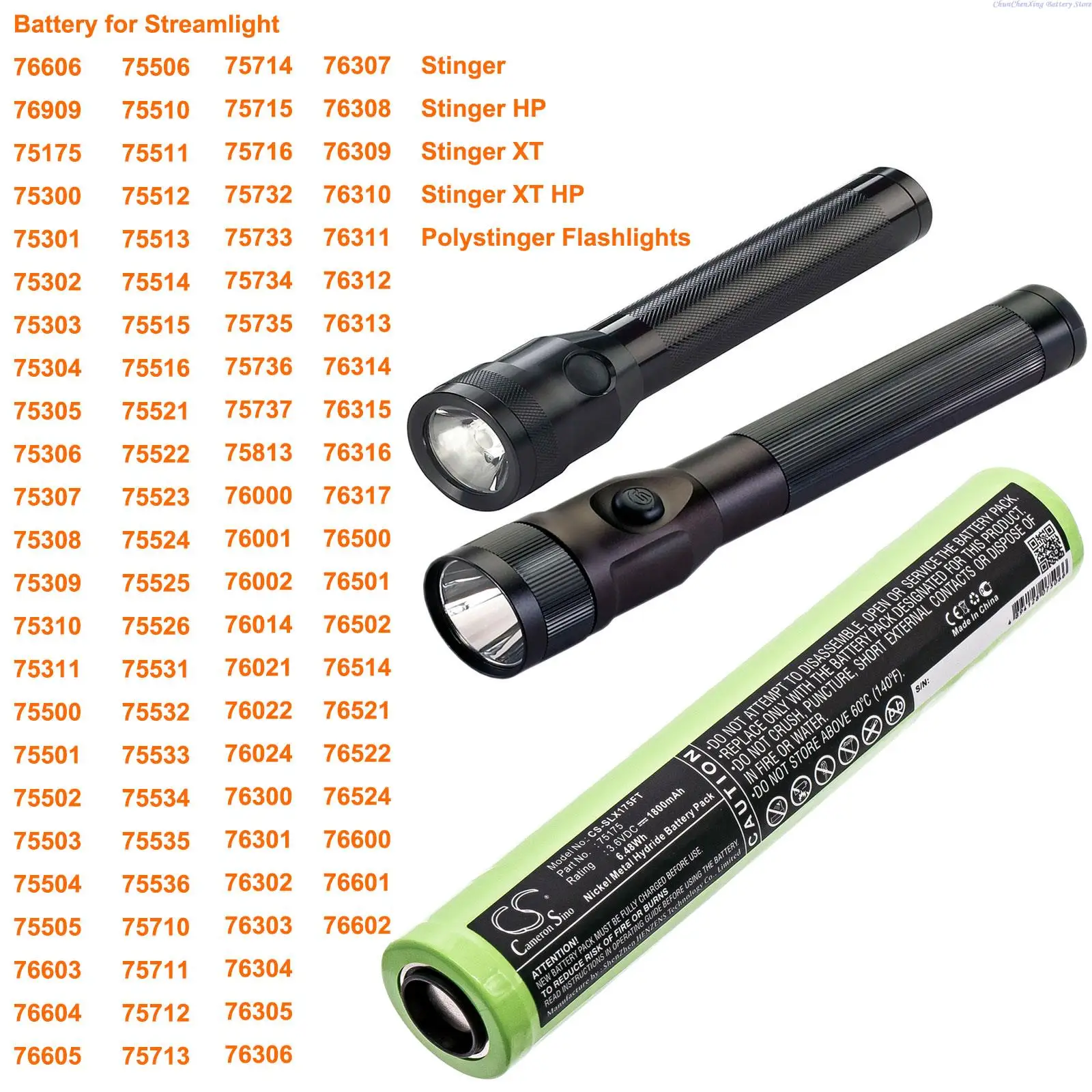 Cameron Sino 1800mAh Battery for Streamlight 75712,75713,75714,75715,75716,75732,75733,75734,75735,75736,75737,75813,76000,76001