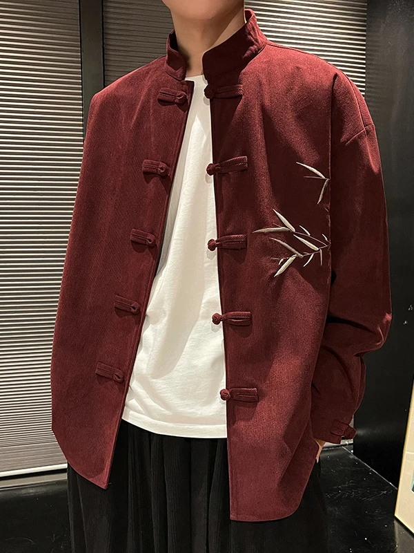 

New Chinese Sle Bamboo Embroidery Long Sve Men's irt Corduroy Red Tang Suit Jaet Casual Spring Autumn Large Size