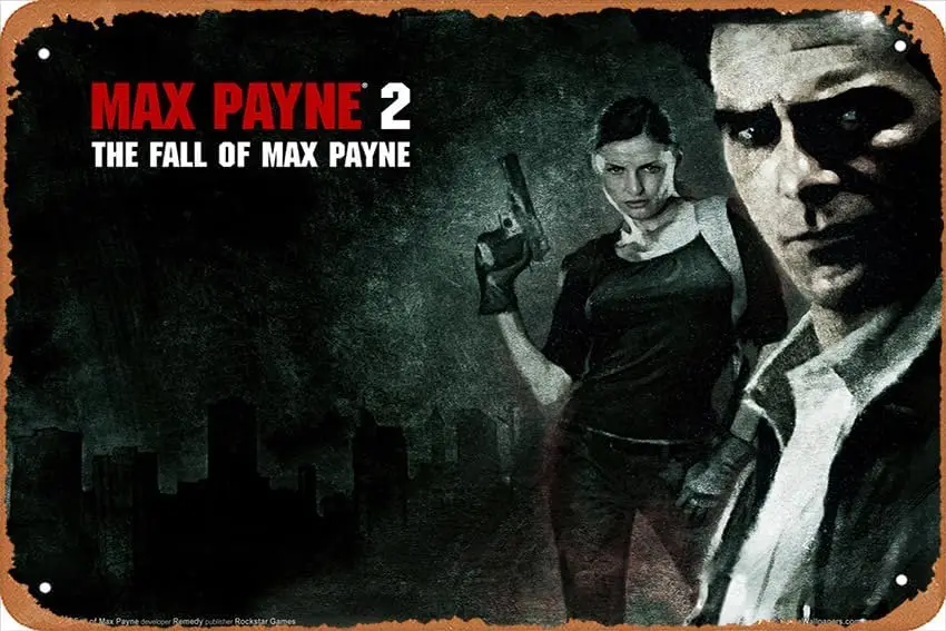 Póster del juego Max Payne, Max Payne 2: The Fall Of Max Payne, decoración artística para pared del hogar, cartel de metal retro de 8x12 pulgadas
