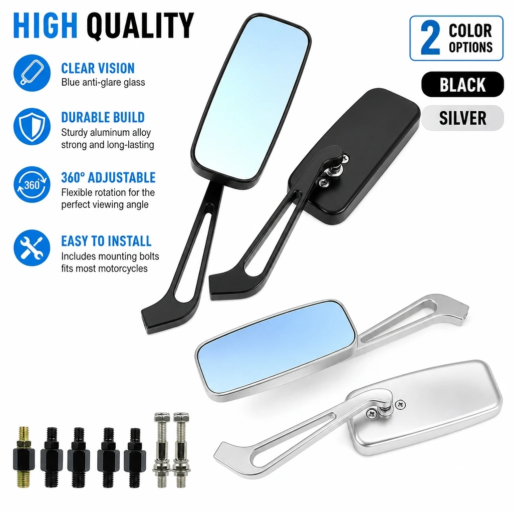 Retro Rectangle Motorcycle Rearview Mirrors Anti-Glare Blue Glass Side Mirror Universal For Motorbike Scooter E-Bike Modified Pa