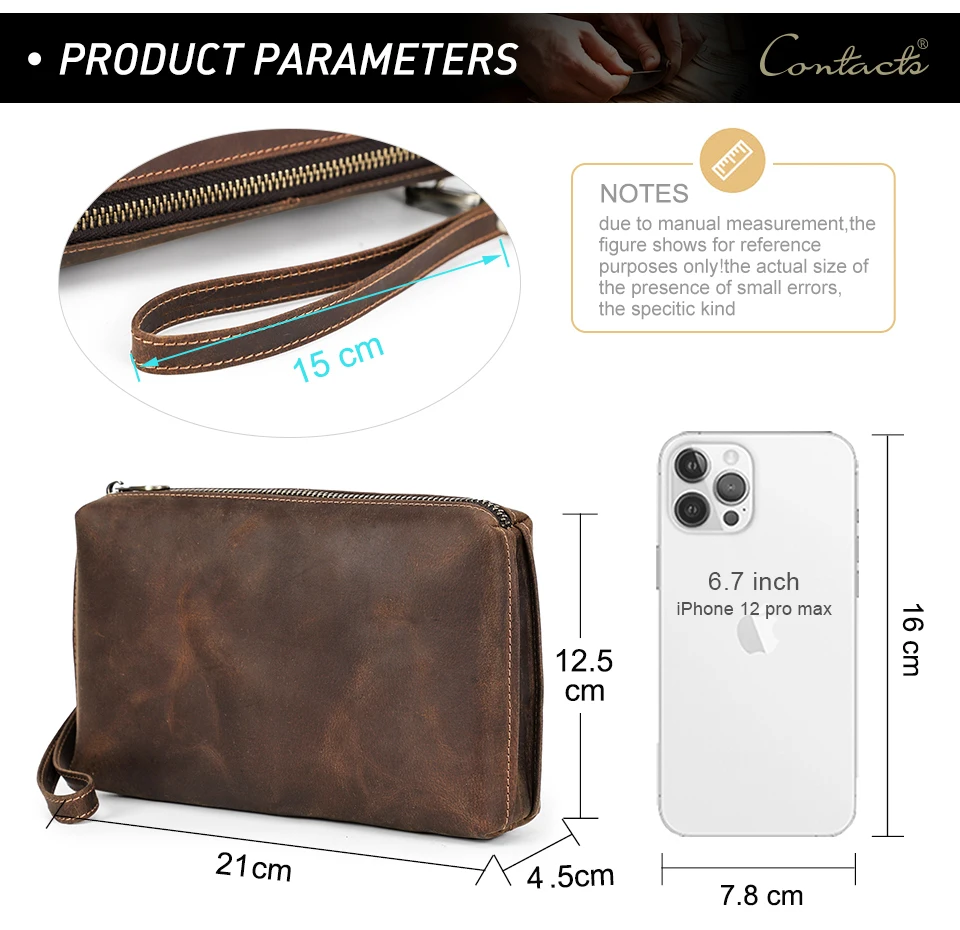 CONTACT'S Vintage Herren Clutch Bag RFID Echtes Leder Clutch Wallet Bag Casual Lange Geldbörse Große Kapazität Reisehandtasche Männlich – Detail 3