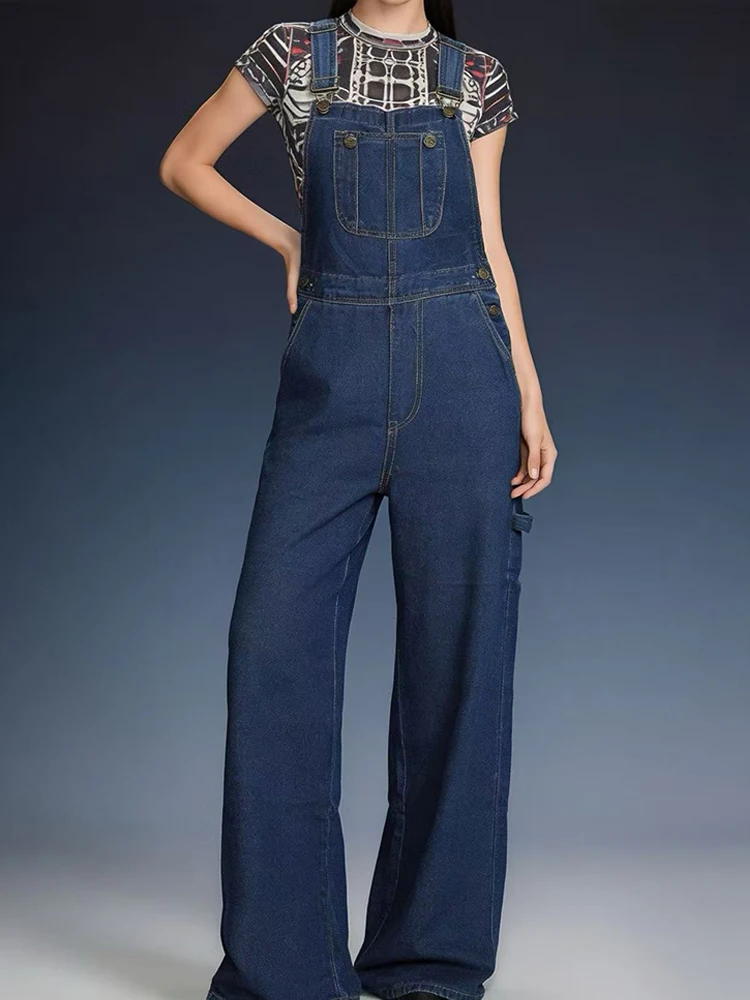 

Повседневные женские джинсовые комбинезоны в корейском стиле, свободные универсальные брюки с высокой талией и широкими штанинами, новинка 2026 года, винтажные джинсовые комбинезоны с карманами