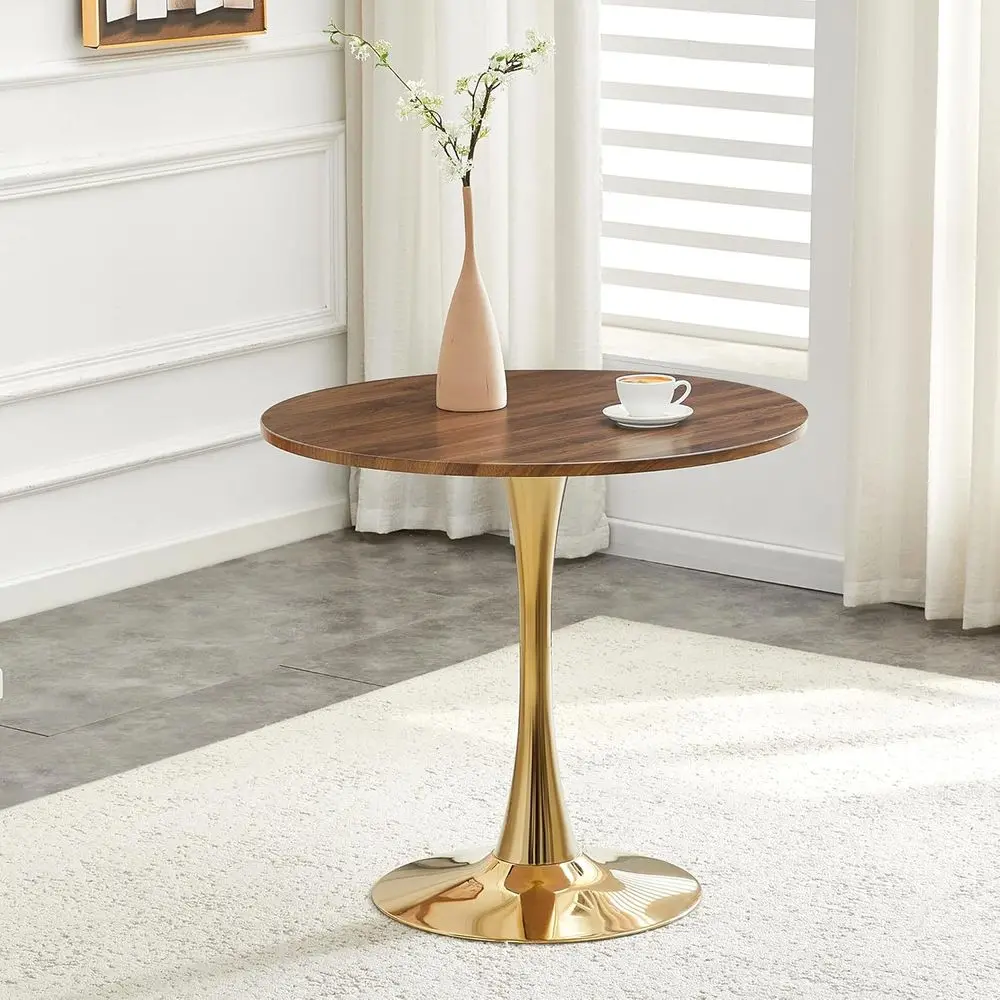Round Dining Table for 2-4 People, Walnut Top with Gold Metal Base, Suitable for Small Spaces and Living Rooms
