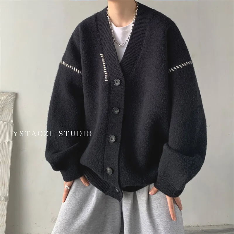 Man Knitting Cardigan Sweater 2025 Autumn Winter Men's Trendy V Neck Cardigan Loose Korean Style Stylish Casual Knit Sweater