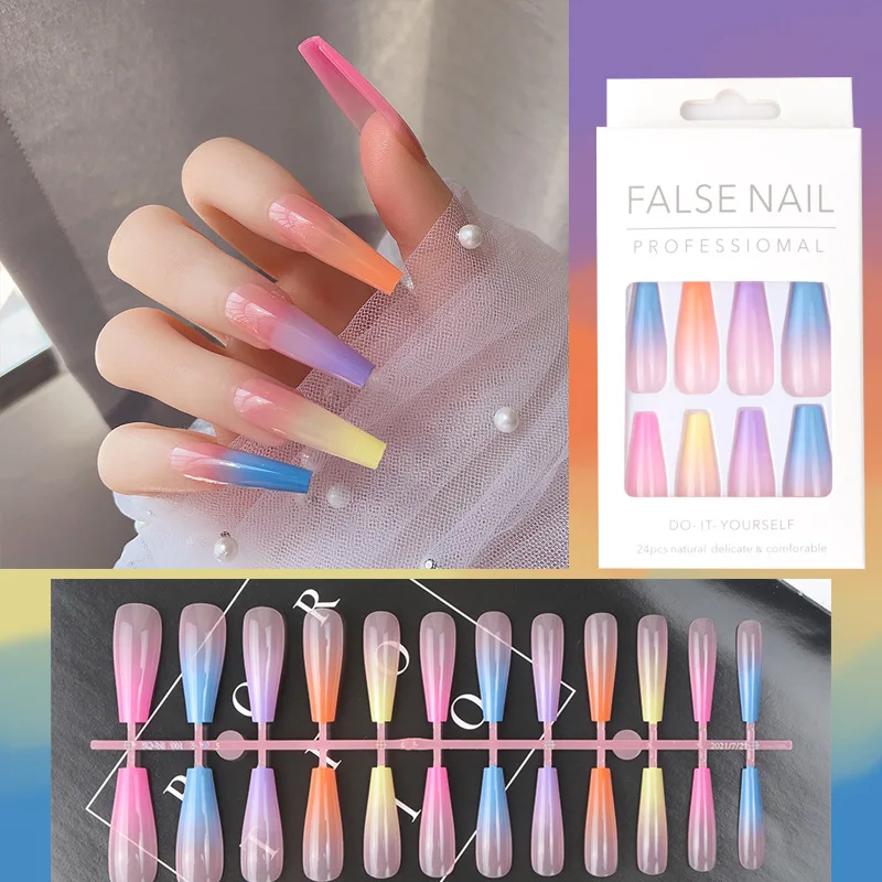 

24P Rainbow Nail Five color Gradient Long Ballet Reusable False Nails Press On Fake Nails Art Wearable Detachable Nail with Glue