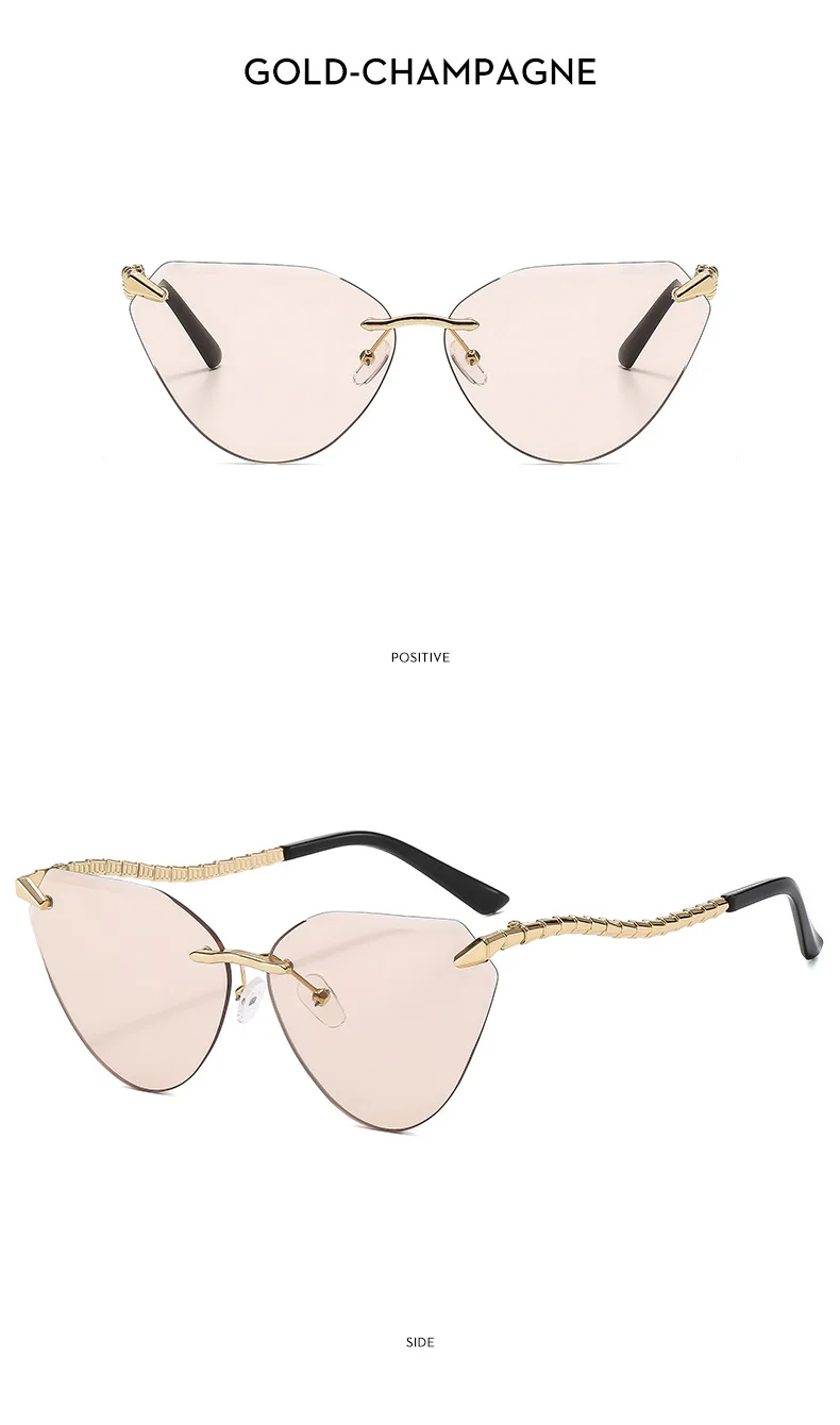 Katzenaugen Randlose Sonnenbrille Damen 2026 Luxusmarke Designer Trendige Metall Rahmenlose Sonnenbrillen für Damen Vintage Eyewear UV400 – Detail 16