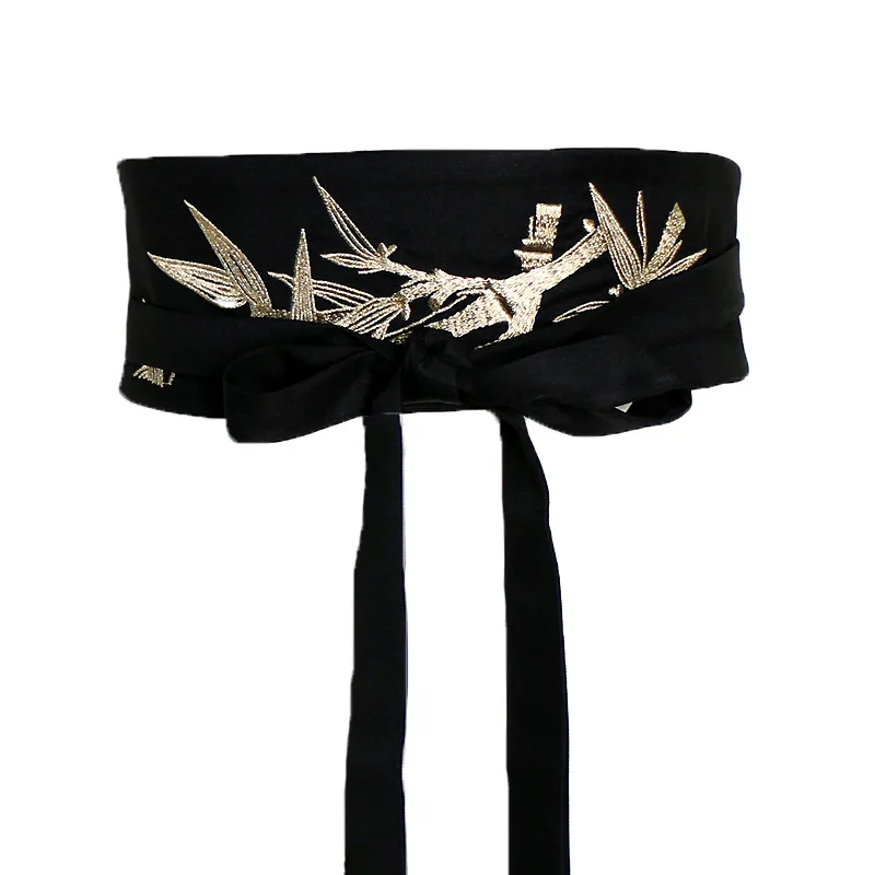 Elegant Lady's Chinese Traditional Retro Embroidery Hanfu Waistband Ethnic Style Wide Waist Belt Corset Tie Belt for Dress Decor