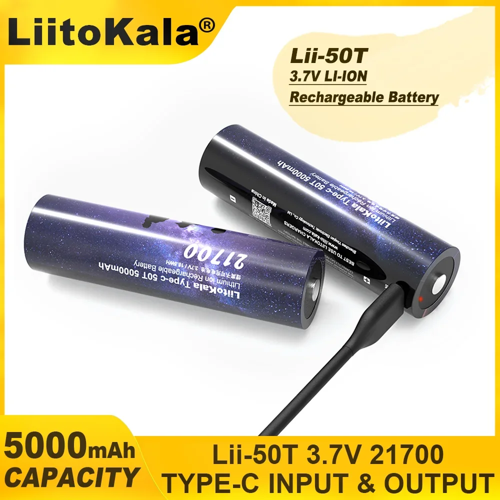 1-5PCS Liitokala Type-C 50T 21700 100% Original Multi-function Lithium Battery 3.7V 5000mAh Type-C Input And Output 5V Output