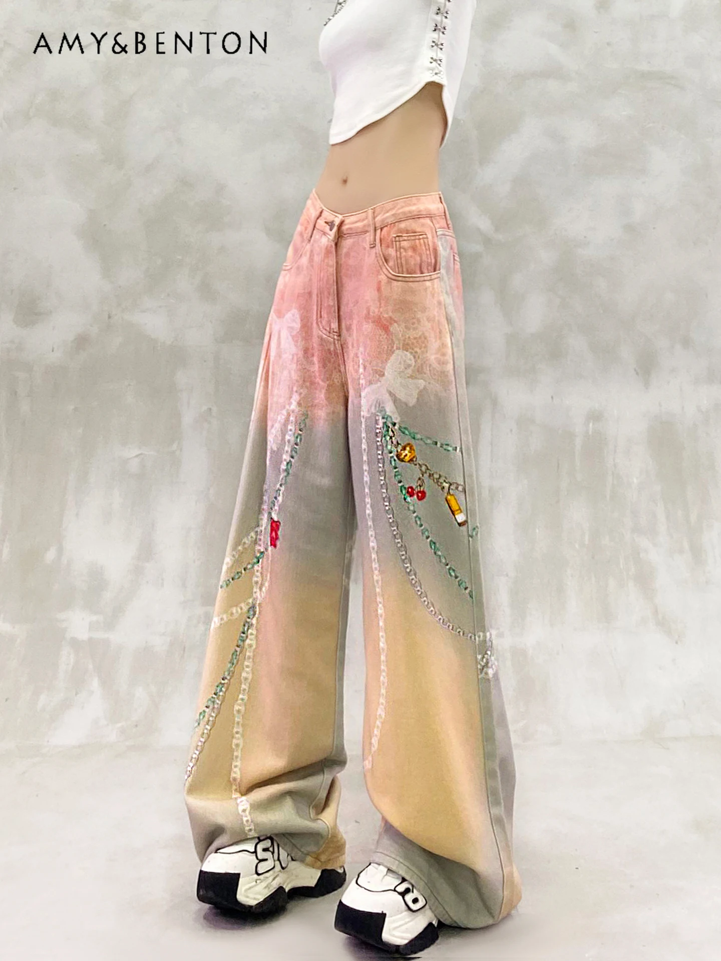 

2025 Summer New Women's Personality Digital Print Washed Casual Jeans High Waist Loose Slimming Versatile Wide Leg Pants