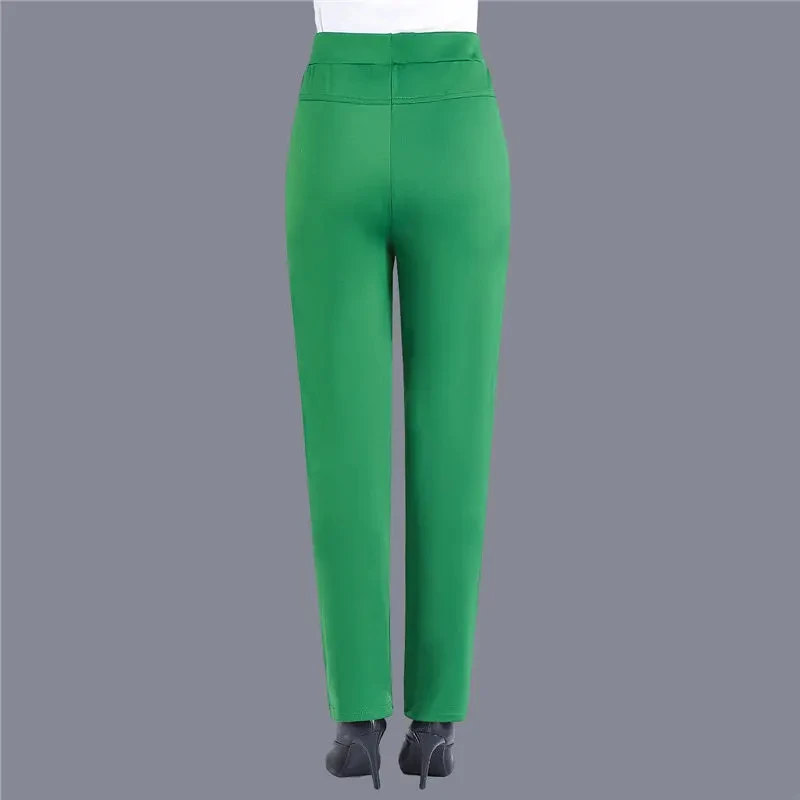 Plus Size Casual Women Elastic Basics Pencil Pants Straight Trousers OL Candy Colors High Waist Ankle-Length Pants Middle-aged