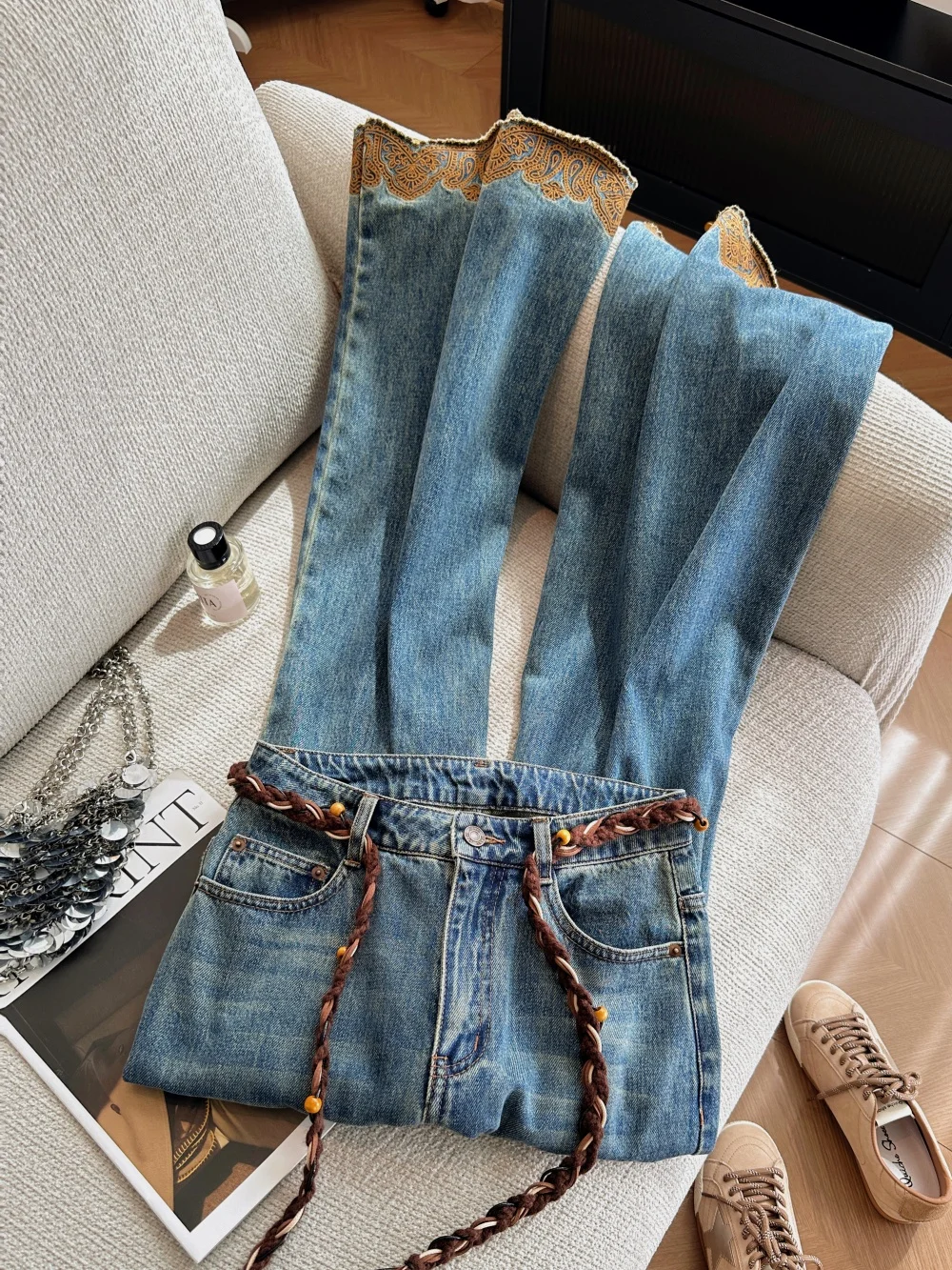 Retro Waed Embroidered Denim Jeans Men's Loose Wide Leg Pants Vintage Feel Casual Comfortable Slimming Autumn Faion