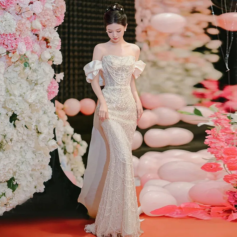 Pearl Heavy Industry Light Wedding Dress Temperament Bride Fishtail Welcome High Sense Banquet Host Evening