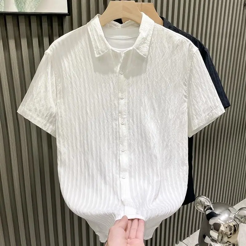 

New Men's Short-sleeved Square Collar Shirt Striped Casual Beach Style T-shirt Pocketless Lightweight Breathable Loose Shirts