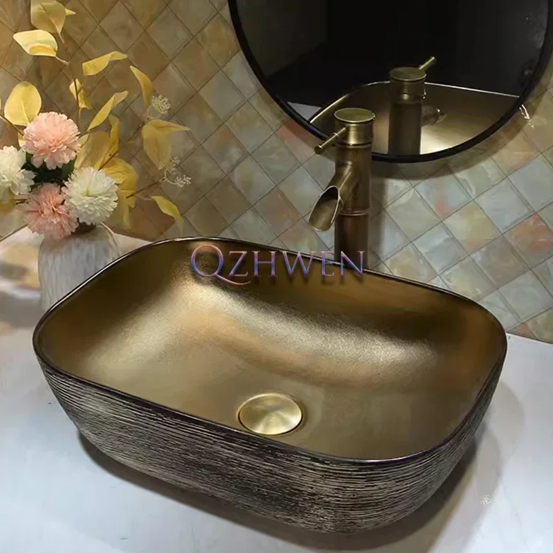 

38/40/45/50cm Luxury Gold Sink Modern Ceramic Washbasin Hotel Washroom Countertop Art Basin European Hand Wash Sink with Faucet